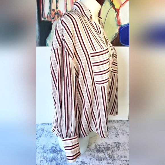 Free People Striped Sheer Dress Blouse red navy blue & cream - Picture 2 of 13